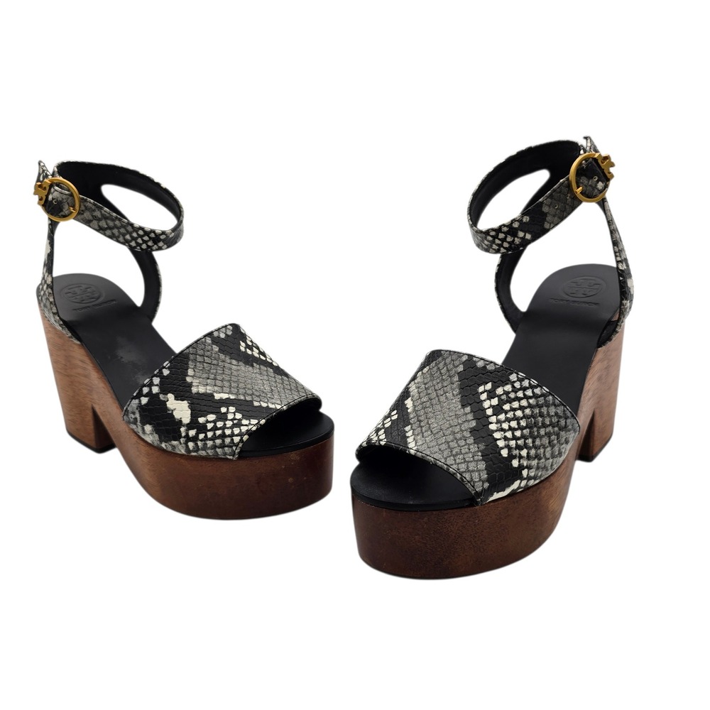 Tory Burch Snakeskin Platform Sandals Wood Heel Ankle Strap US6 Women's Designer